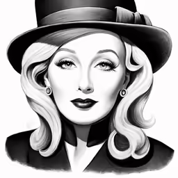a black and white drawing of a woman in a top hat