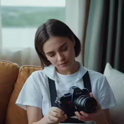 the photographer is looking through her digital camera