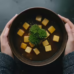 a person holding a brown bowl filled with soup and cubes of food
