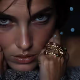 a woman is holding up her hand near her face
