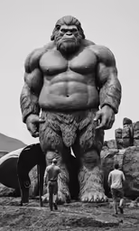 a giant male statue in a barren area next to a man in a white shirt