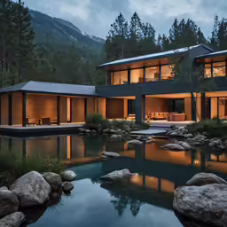 a large contemporary house lit up at night
