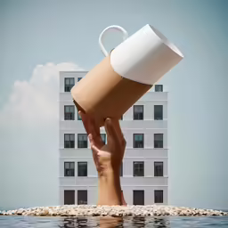 a person holding a coffee cup above a body of water