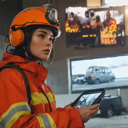 a fireman holding an ipad in front of a television