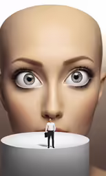 a humanoid head with an eyeball on the head and one person inside it