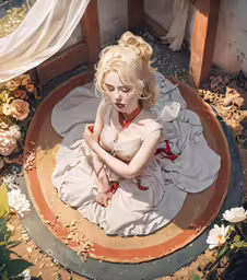 a woman sitting in an outdoor tub with flowers surrounding her