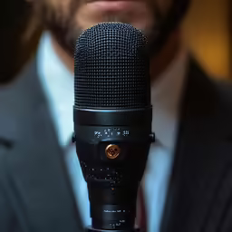 a man holds a microphone in front of his face