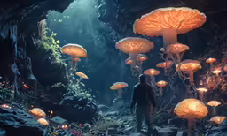 a person standing in a forest next to some mushrooms