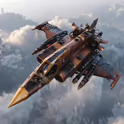 a stylized artwork of an old war airplane flying over some mountains