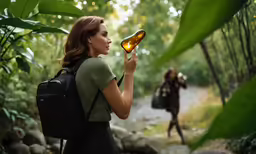 a woman wearing a backpack and carrying a bag is taking a photo with her cell phone of the woman in front of the woman holding a bottle