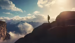 a man standing on top of a rocky cliff with the sun coming down over mountains
