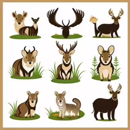 a variety of deers and fawns sitting on the grass,many different types of deers are shown on the picture
