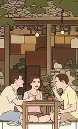 two women sit at a table with a man and a boy