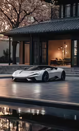 a sleek white car parked in front of a luxury house