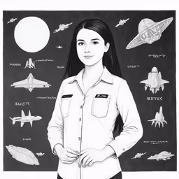 a woman is standing in front of a drawing of spaceships and ships