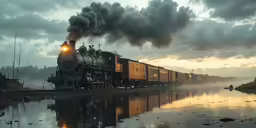 an old style steam engine driving down a track next to a lake