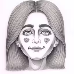a drawing of a girl with a painted face and heart,an artistic drawing of a woman