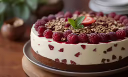 a cake on top of a table covered with fruit