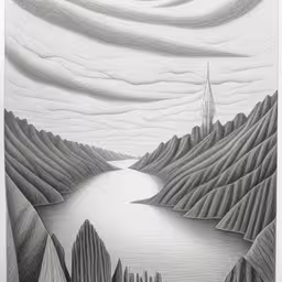 a drawing of a lake surrounded by mountains,the landscape is black and white with lots of lines,a drawing with a boat on a lake next to hills,a pencil drawing with water on it,the lake is surrounded by mountain range and clouds