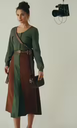 the model wearing a green and brown shirt and long skirt, holds her camera and poses for the cameraman