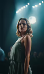 a woman stands in front of some spotlights