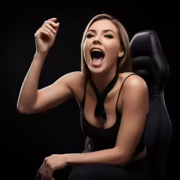 a woman is laughing and holding her head with both hands