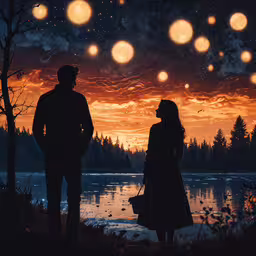 two people look at the sky with floating lanterns,two people that are standing by some trees