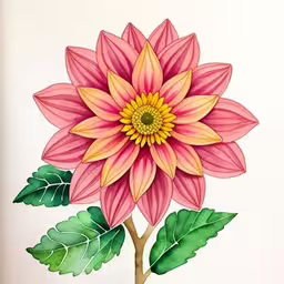 a drawing of a flower with green leaves,an image of a watercolor drawing of a flower,a pink flower with green leaves in front of it,a drawing of a pink and yellow flower,a colorful flower painted with watercolors on paper