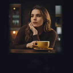 a young woman in brown sitting at a table next to a coffee cup