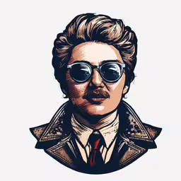 a man wearing sunglasses and a trench coat,an old poster style image of a man wearing sunglasses