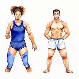 a man and woman are standing in underwear,drawing of two people with different sports uniforms,a cartoon drawing of two men and woman in swimsuits,two drawings of the same man and woman,a young and old looking wrestling figures