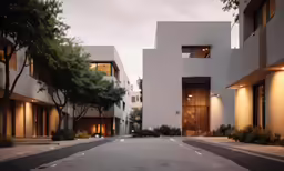 two large white buildings are on one street with trees and bushes