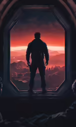 there is an image of a man standing in the door of a space ship