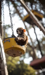 small monkey holding onto the back of a yellow swing