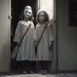 two creepy looking dolls standing on the stairs