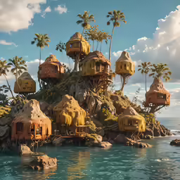 several floating houses on a rocky island in the ocean
