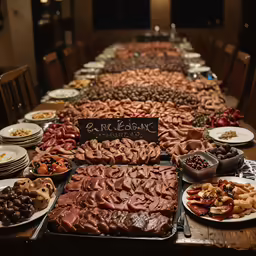 many plates of meat and fruit in the center