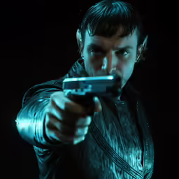 a man wearing black is holding a gun