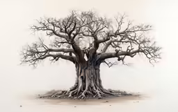 an ink painting of a tree with its roots splaying