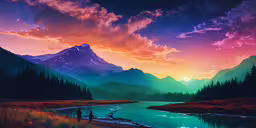 a beautiful mountain scene with a stream below and the sky and clouds,a painting shows a view of mountains at sunset