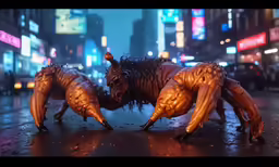 three golden sculptures of animals dancing in the city
