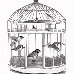 several birds sitting inside of a birdcage,a drawing of birds inside a birdcage,a drawing of birds are perched on the outside of a cage,birds in a cage one is an a sparrow and the other a finch,four birds in a cage, one perched on the ground and one standing on its head
