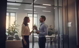 a man and a woman are talking together