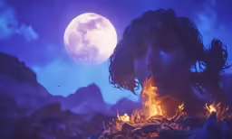 a woman staring over a fire with the full moon behind her