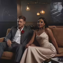 man and woman dressed in formal clothing sitting on a couch