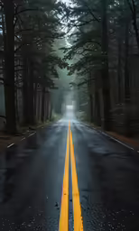 a road running through a forest with rain falling on it