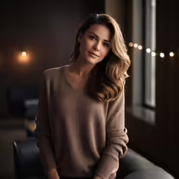a woman sitting on a couch next to a window