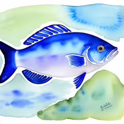 a fish with blue body sitting on top of a green and white beach,a large blue fish is swimming near rocks,a picture of a fish on the side of a wall,a large blue fish in a green watercolor painting,a blue fish in some water with clouds