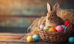 a rabbit sitting in the basket filled with colorful eggs