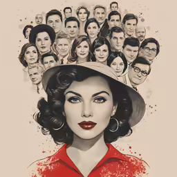 a poster for the show, featuring a young lady with a large amount of people behind her